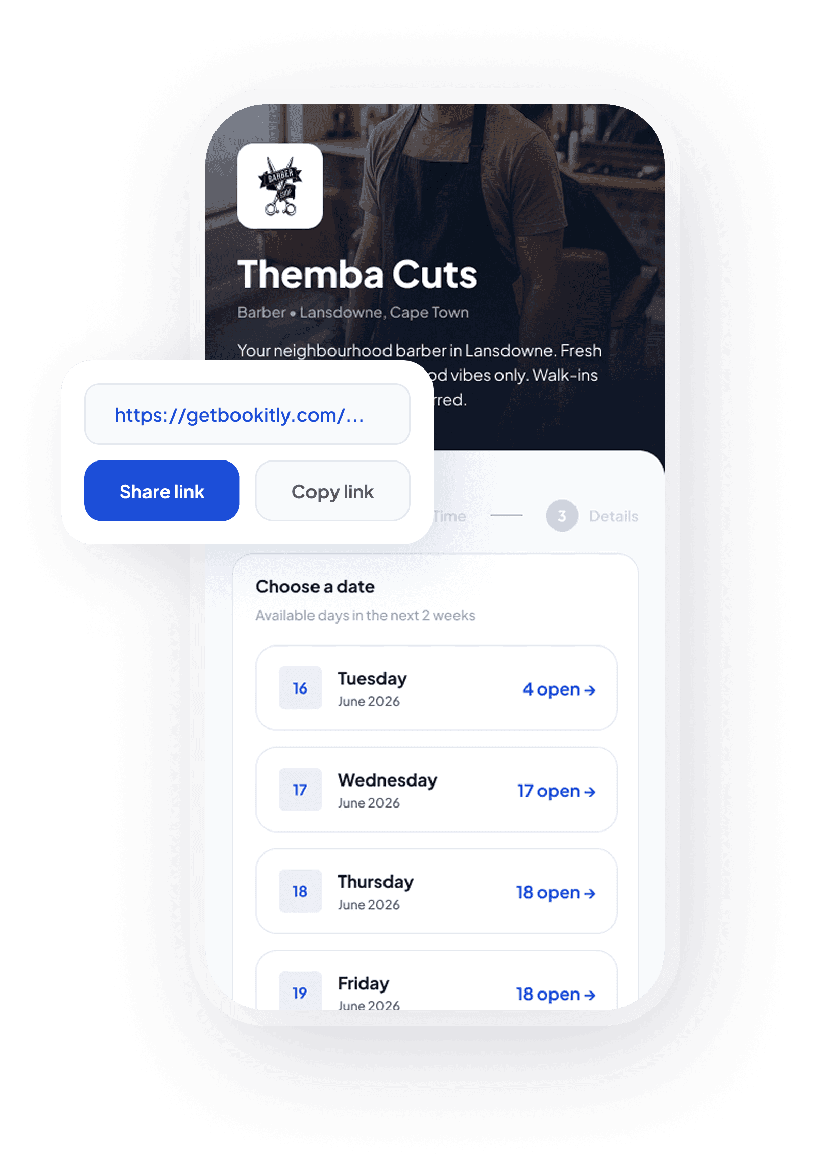 Bookitly booking link share sheet
